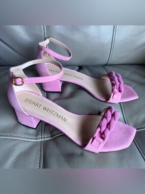 STUART WEITZMAN Suede Sandals Sz 9.5 Amelina Block 50 Chain Leather Pink Chic